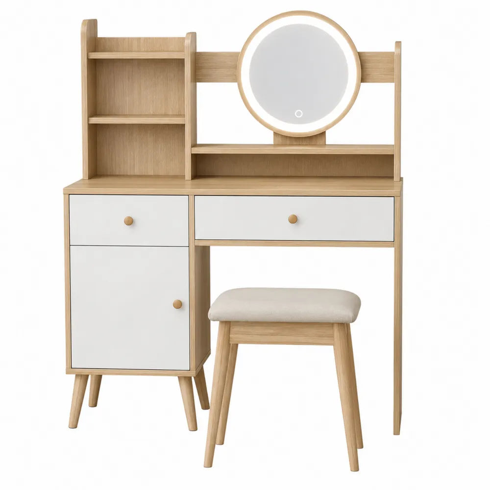 Consolle trucco in legno chiaro con specchio retroilluminato e sgabello