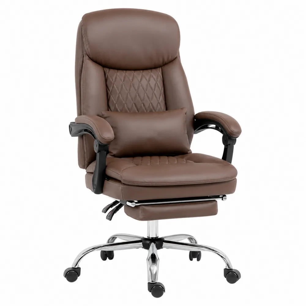 Sedia da ufficio in pelle sintetica marrone con base in acciaio cromato