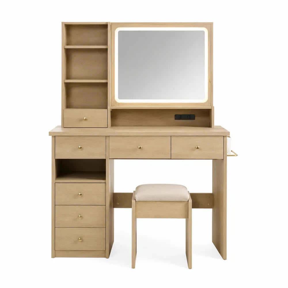 Tocador in legno con specchio LED e sgabello, rovere chiaro