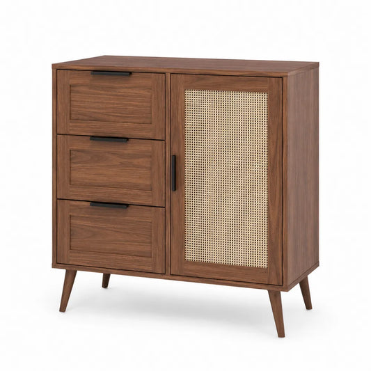 Comò in legno di acacia con anta in rattan e 3 cassetti