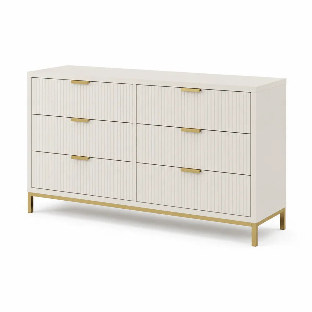 Cassettiera a 6 Cassetti in MDF e Metallo Bianco con Dettagli Oro