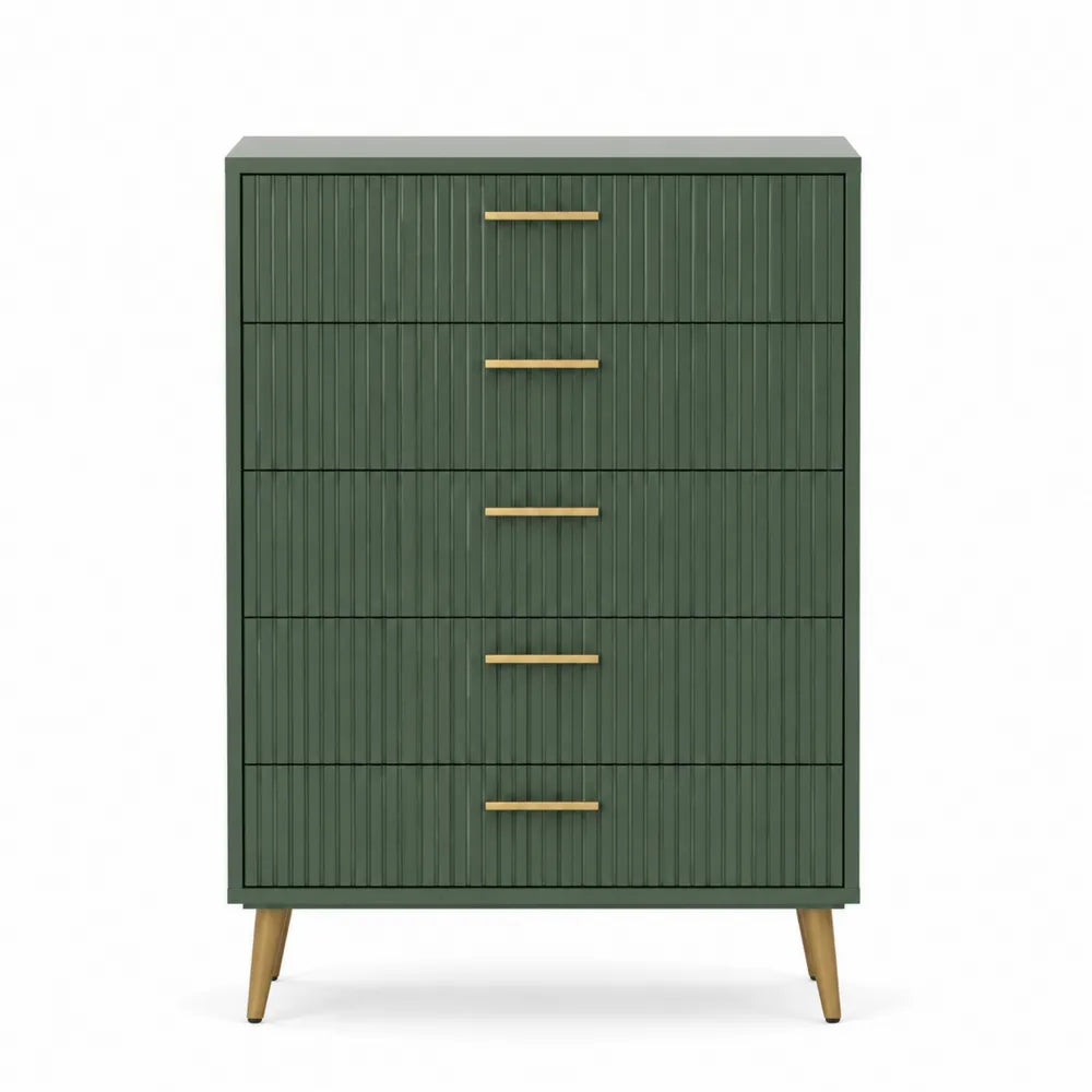 Cassettiera verde con 5 cassetti in legno e maniglie in metallo 90x45x120 cm