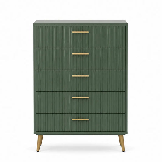 Cassettiera verde con 5 cassetti in legno e maniglie in metallo 90x45x120 cm