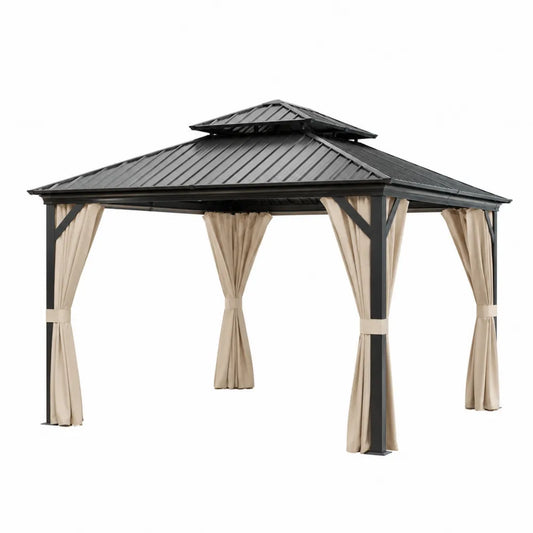 Gazebo in Metallo con Tende in Poliestere Nero e Beige