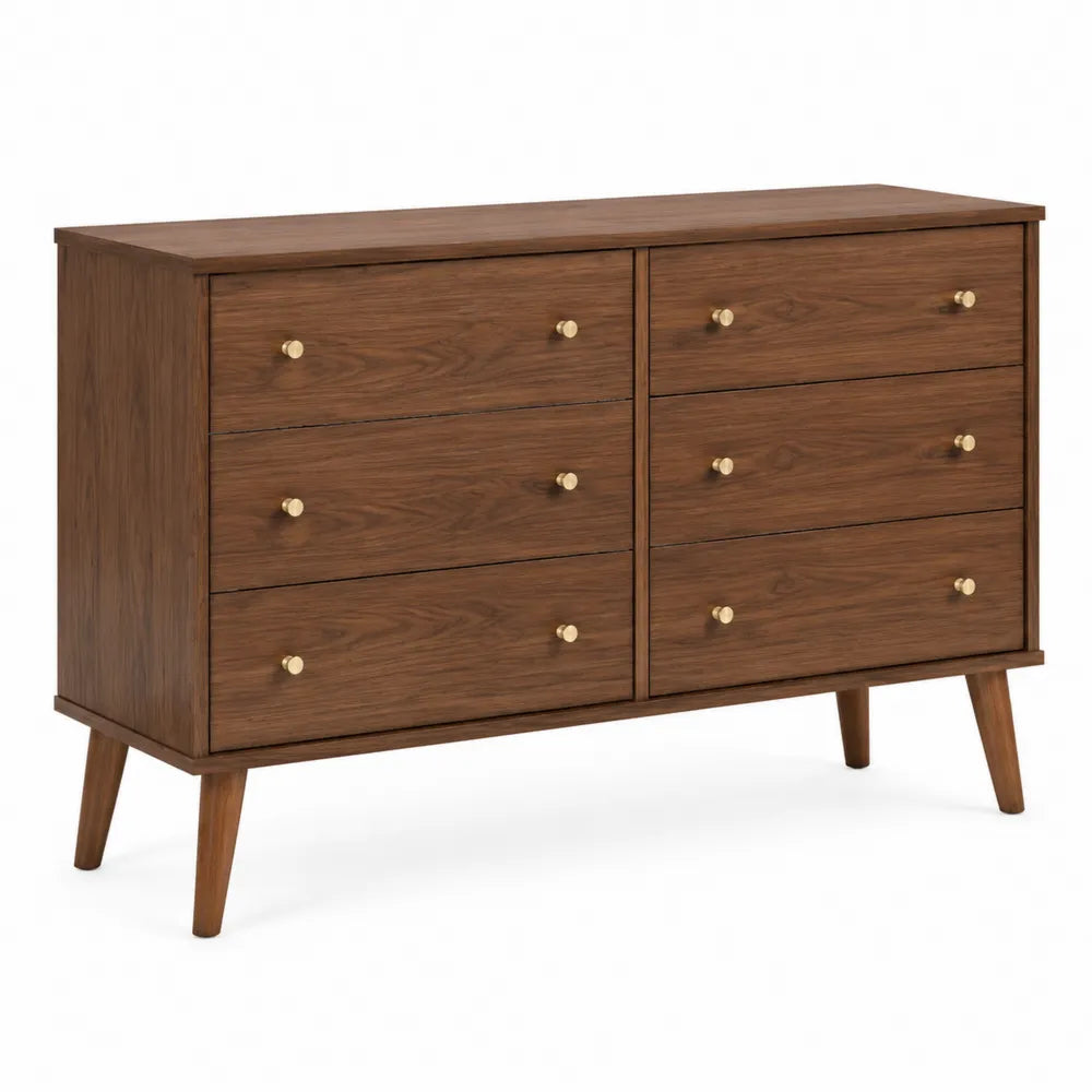Cassettiera a sei cassetti in legno di noce e ottone