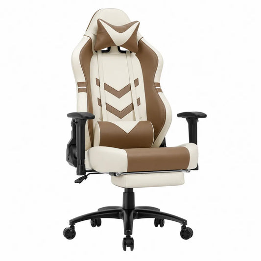 Sedia da gaming in pelle PU bianca e marrone con poggiatesta e cuscino lombare