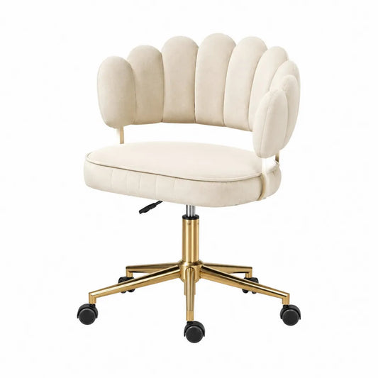 Sedia girevole in velluto beige con base in metallo dorato